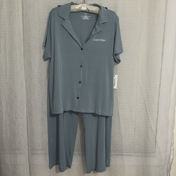 CK L Slate Seafoam Blue Modal Blend Notched Collar Short Sleeve Top Wide Leg PJ - Picture 4 of 16